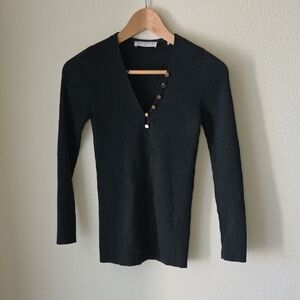 SANDRO Dark Green Ribbed V-Neck Sweater Gold Tone Buttons Sz S Classic Preppy